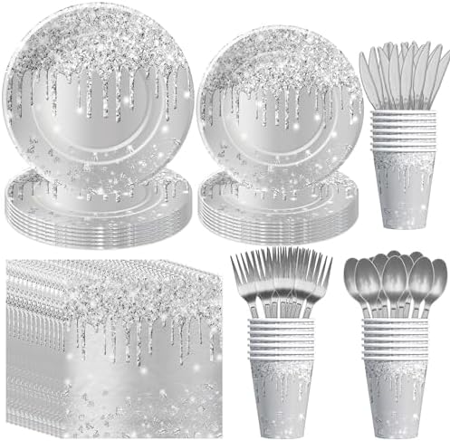 Silver Glitter Party Tableware Set for 24 Guests