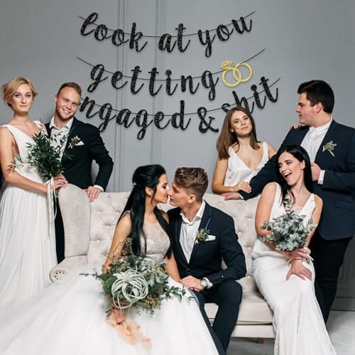 Funny Engaged Banner with Black Glitter
