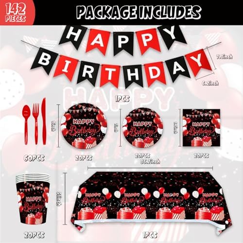 142Pcs Red Black Birthday Party Tableware Set for 20 Guests