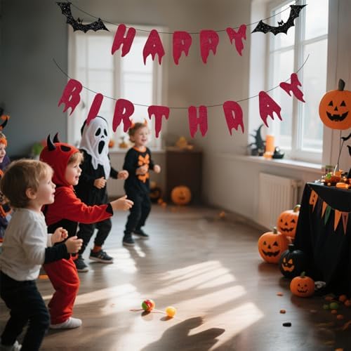 Halloween Happy Birthday Banner - Red Glitter Bloody Bat Decor