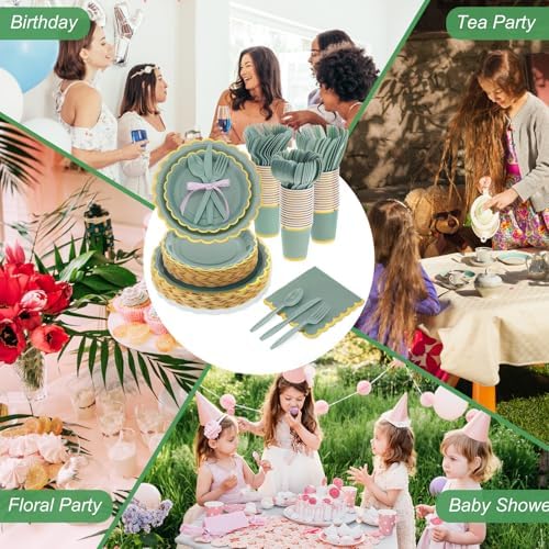 350 Pcs Sage Green Gold Foil Party Set for 50 Guests
