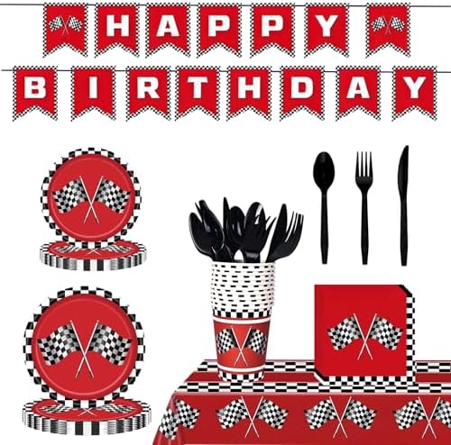 Racing Birthday Party Supplies for Kids Red Black Checkered Tableware Set