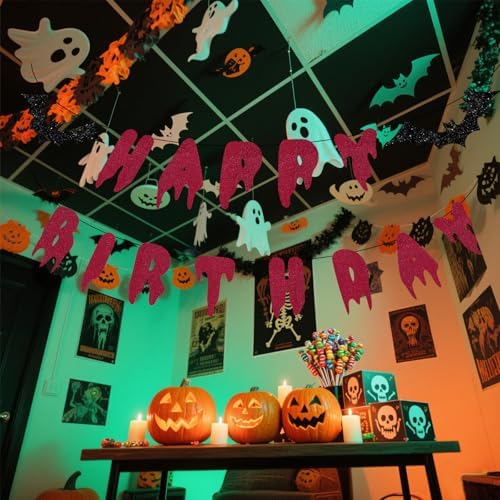 Halloween Happy Birthday Banner - Red Glitter Bloody Bat Decor