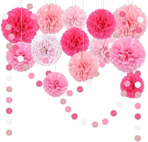 Pink Party Decorations Set with Pom Poms and Garland