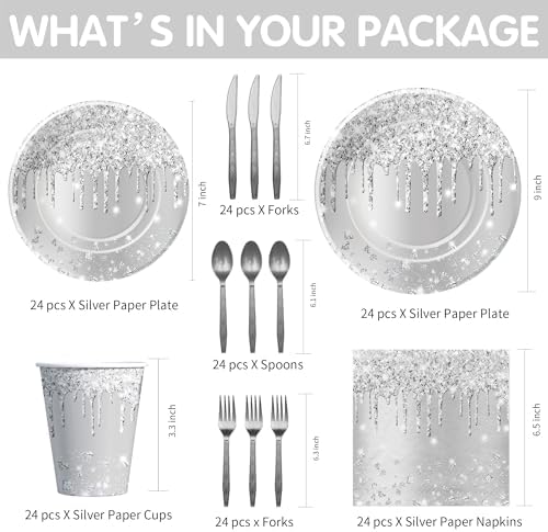 Silver Glitter Party Tableware Set for 24 Guests
