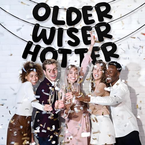 Pre Strung Felt Older Wiser Hotter Birthday Banner - Black - 72 Ft Reusable Garland