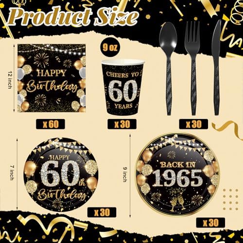 240 Pcs 60th Birthday Party Tableware Set Black Gold