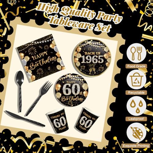 240 Pcs 60th Birthday Party Tableware Set Black Gold