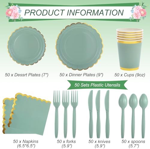 350 Pcs Sage Green Gold Foil Party Set for 50 Guests