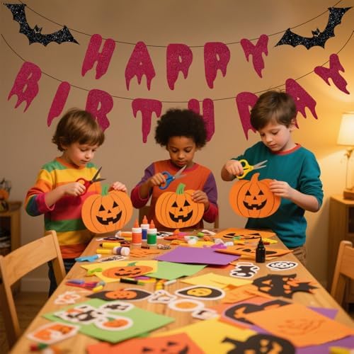 Halloween Happy Birthday Banner - Red Glitter Bloody Bat Decor