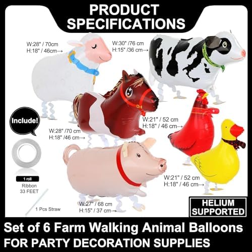 Walking Farm Animals Balloons Pack of 6 For Kids Party
