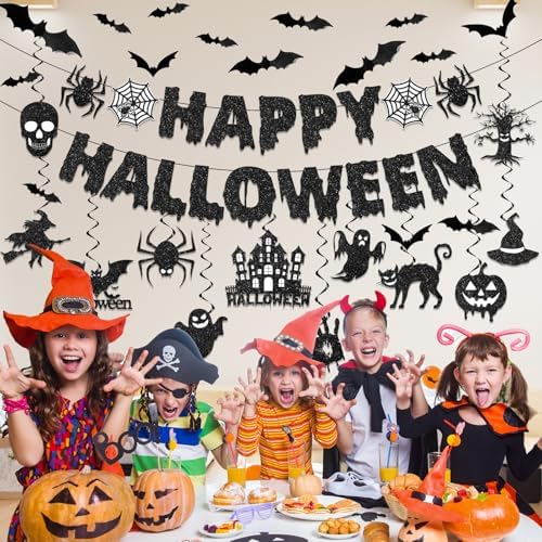 Halloween Hanging Decorations Set with Glitter Banners and Spooky Cutouts
