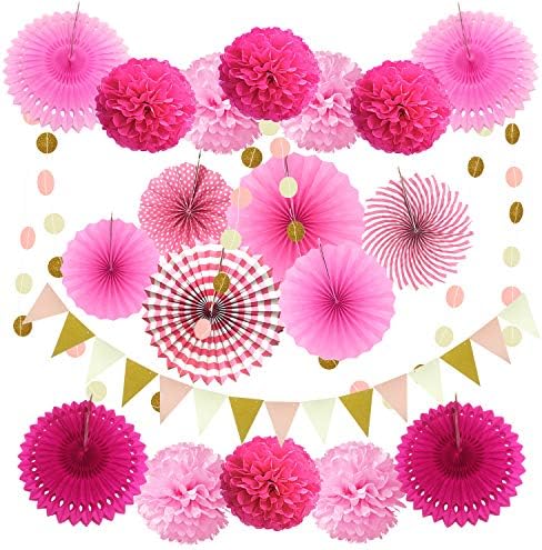 ZERODECO 21 Pcs Pink Paper Fans and Pom Poms Decorations
