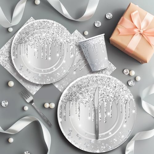 Silver Glitter Party Tableware Set for 24 Guests