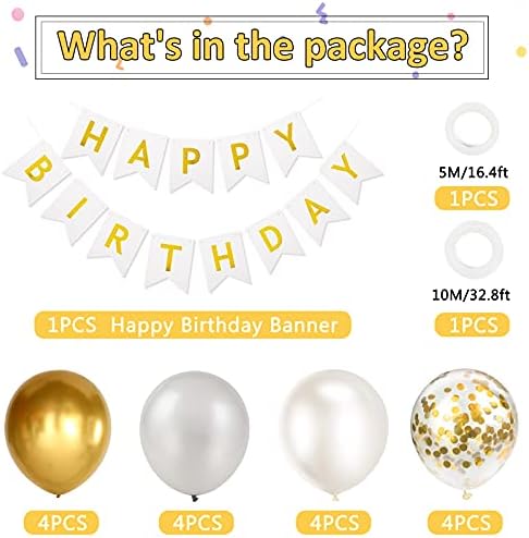 Happy Birthday Banner Bunting Set White Gold Balloons Confetti Decorations