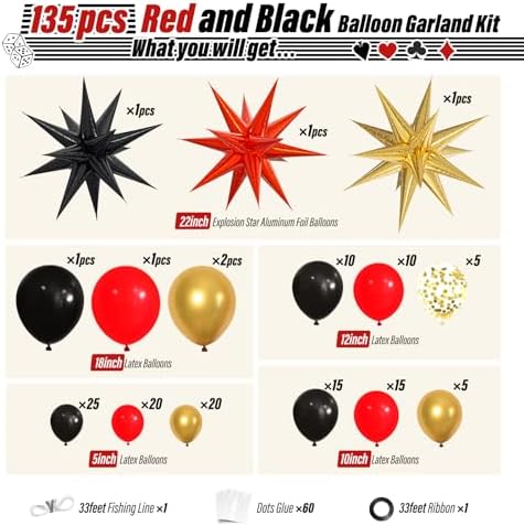 Red Black Gold Balloon Arch Kit with Garland and Star Balloons