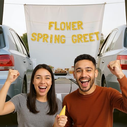 Meowoo Cheerful Spring Greeting Banner with Glittery Gold Letters