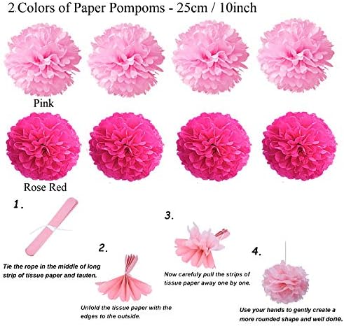 ZERODECO 21 Pcs Pink Paper Fans and Pom Poms Decorations
