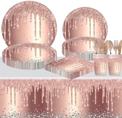 81Pcs Rose Gold Diamond Party Tableware Set