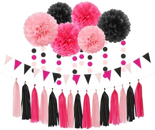 Hot-Pink Black Party Decorations Paper Flowers Streamers 23pcs
