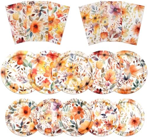 Fall Floral Plates and Napkins Set 60Pcs
