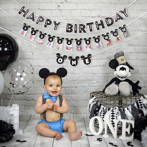 HIKLO Black and White Mouse 1st Birthday Banner Set