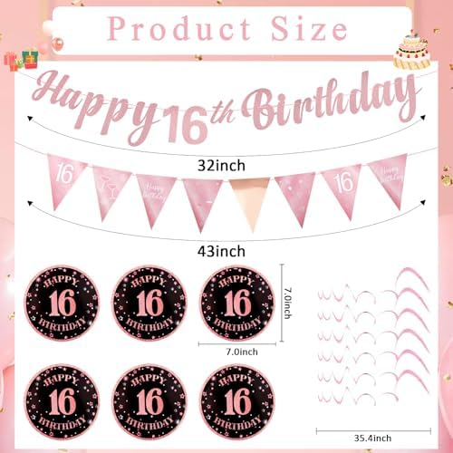 16th Birthday Decorations Set for Girls - Rose Gold