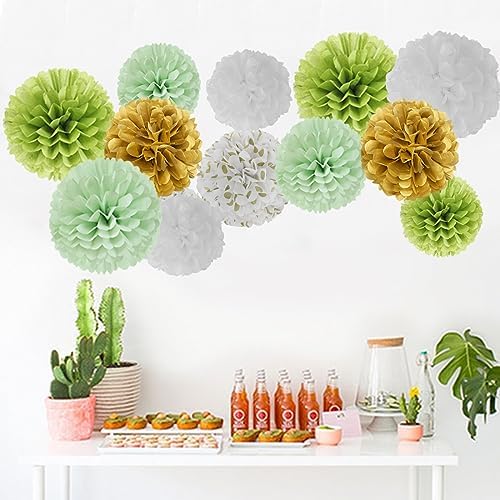 Sage Green Gold Tissue Pom-Poms - 12pcs Rustic Boho Decorations