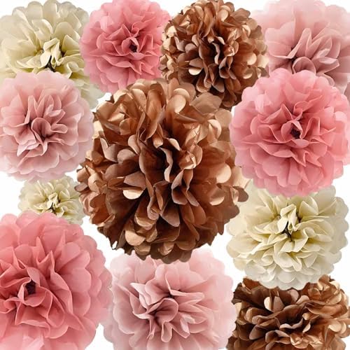 Rose Gold Blush Pink Tissue Paper Pom Poms 12Pcs