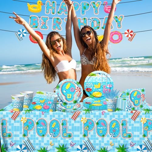 Guzbewu Pool Party Plates Napkins Set 142PCS Summer Decorations