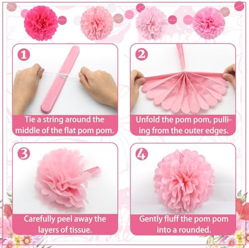 Pink Party Decorations Set with Pom Poms and Garland