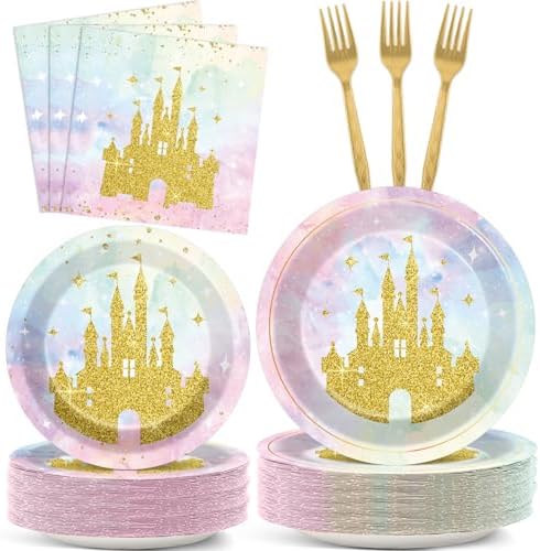 200Pcs Princess Castle Party Plates Napkins Forks Set for 50 Guests