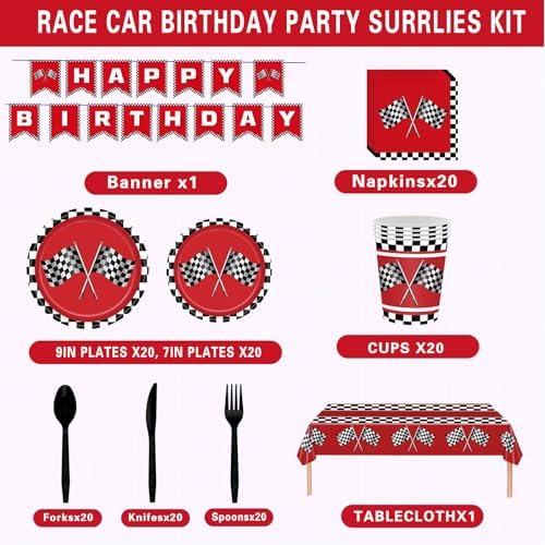 Racing Birthday Party Supplies for Kids Red Black Checkered Tableware Set