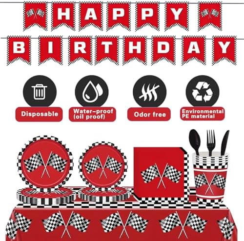 Racing Birthday Party Supplies for Kids Red Black Checkered Tableware Set