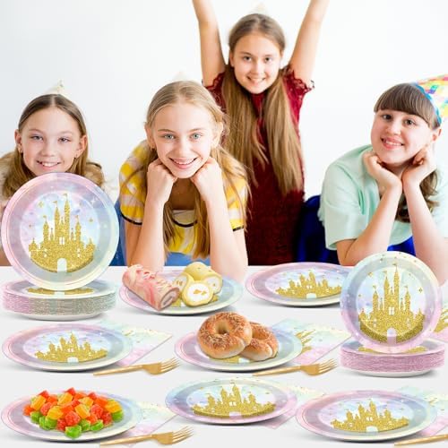 200Pcs Princess Castle Party Plates Napkins Forks Set for 50 Guests