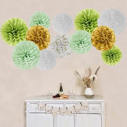 Sage Green Gold Tissue Pom-Poms - 12pcs Rustic Boho Decorations