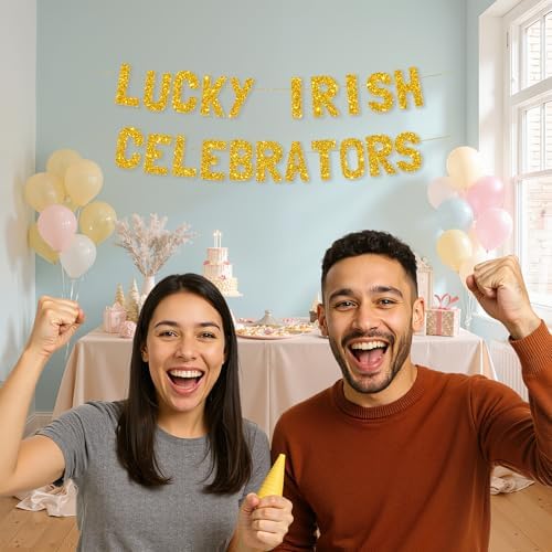Meowoo Lucky Irish Party Banner Glittery Gold 77 Inch Bold Letters