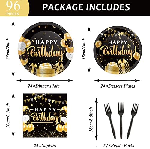 96 Pcs Black Gold Birthday Party Tableware Set for 24 Guests