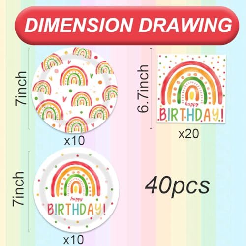 Rainbow Birthday Decorations 40Pcs Plates and Napkins