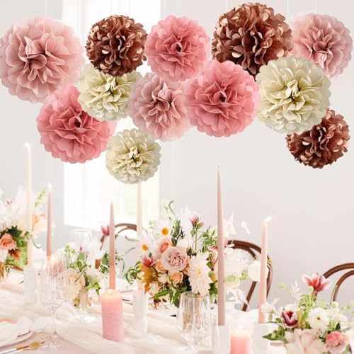 Rose Gold Blush Pink Tissue Paper Pom Poms 12Pcs