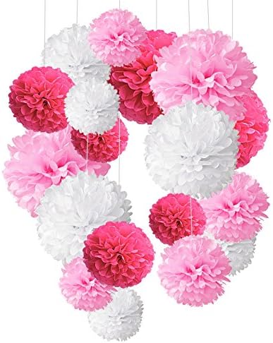 Tissue Paper Pom Poms 18 Pcs Rose Red Pink and White