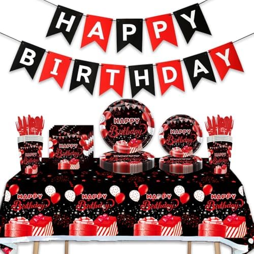 142Pcs Red Black Birthday Party Tableware Set for 20 Guests