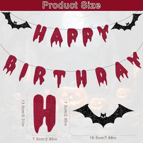 Halloween Happy Birthday Banner - Red Glitter Bloody Bat Decor
