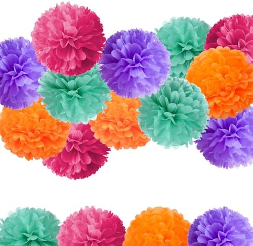 Purple Blue Orange Pink Paper Pom Poms 12PCS Decorations