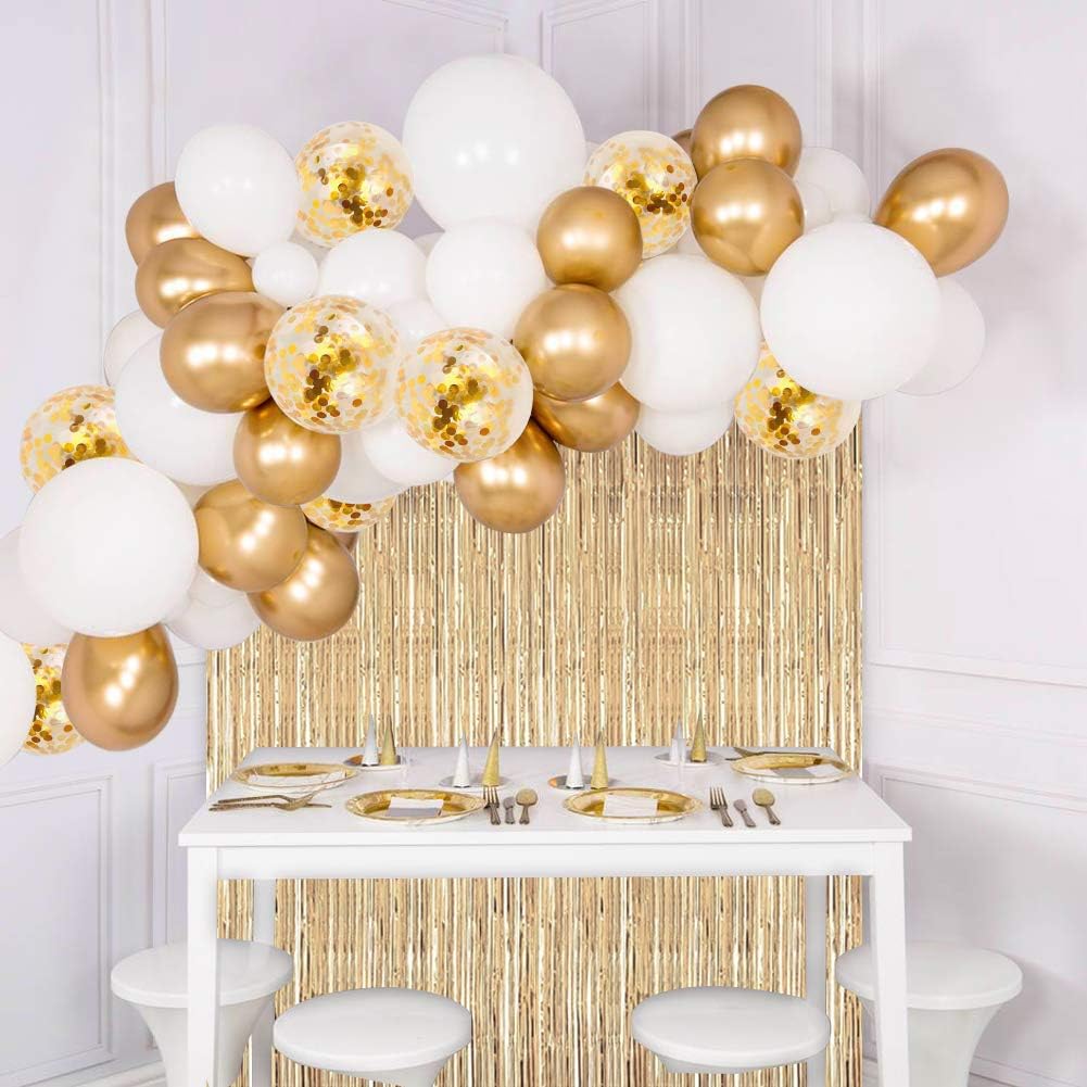 JOYYPOP White Gold Balloon Garland Kit with Tinsel Curtain