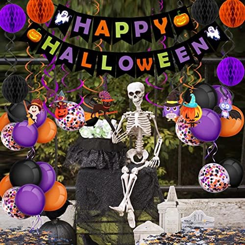 FECEDY Halloween Decorations Banner Paper Honeycomb Balls Swirl Streamers Balloons