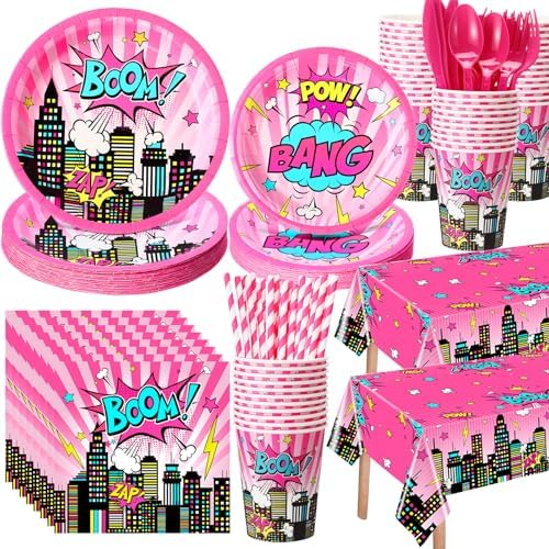 219 Pcs Pink Hero Birthday Party Decorations Set