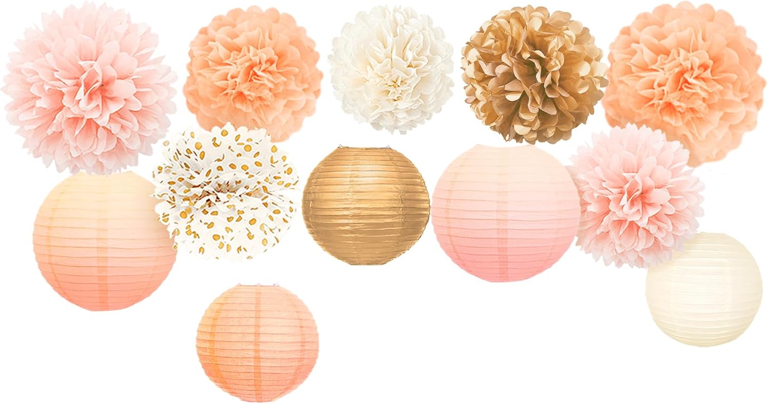 AOBKIAT 12PCS Pink Gold Peach Tissue Paper Pom Poms and Lanterns