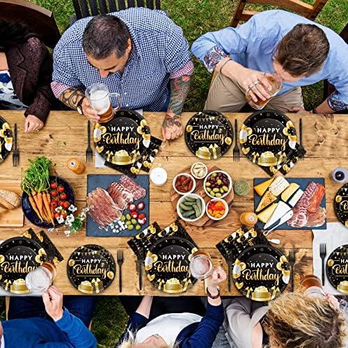 96 Pcs Black Gold Birthday Party Tableware Set for 24 Guests