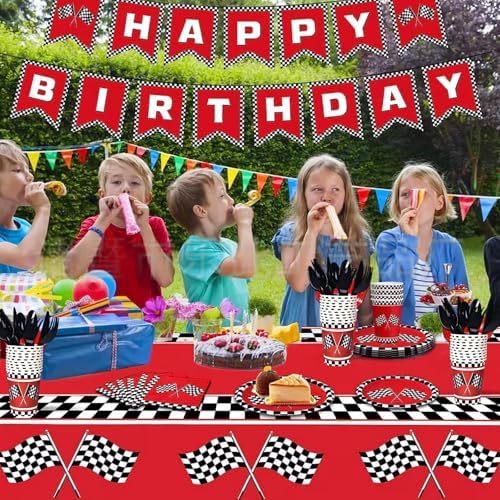 Racing Birthday Party Supplies for Kids Red Black Checkered Tableware Set